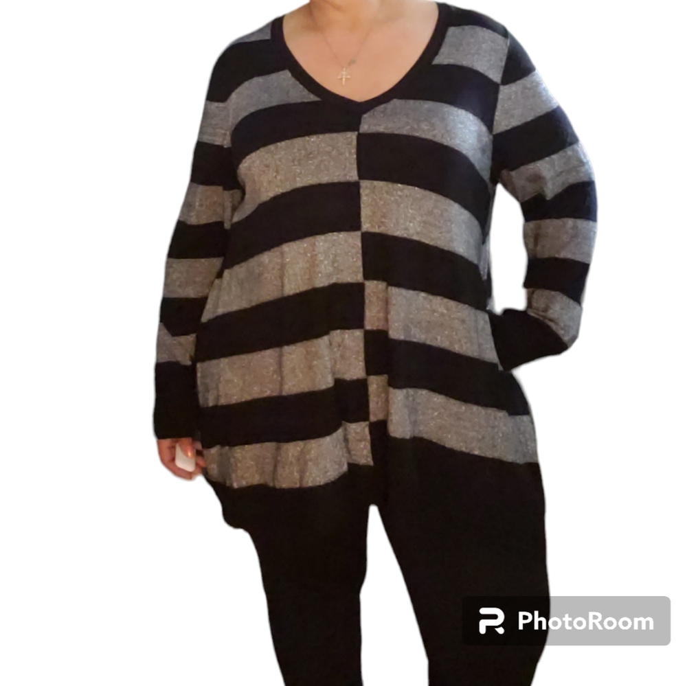 Lane Bryant Silver Metallic and Black Striped V Neck Swing Sweater Size 22/24